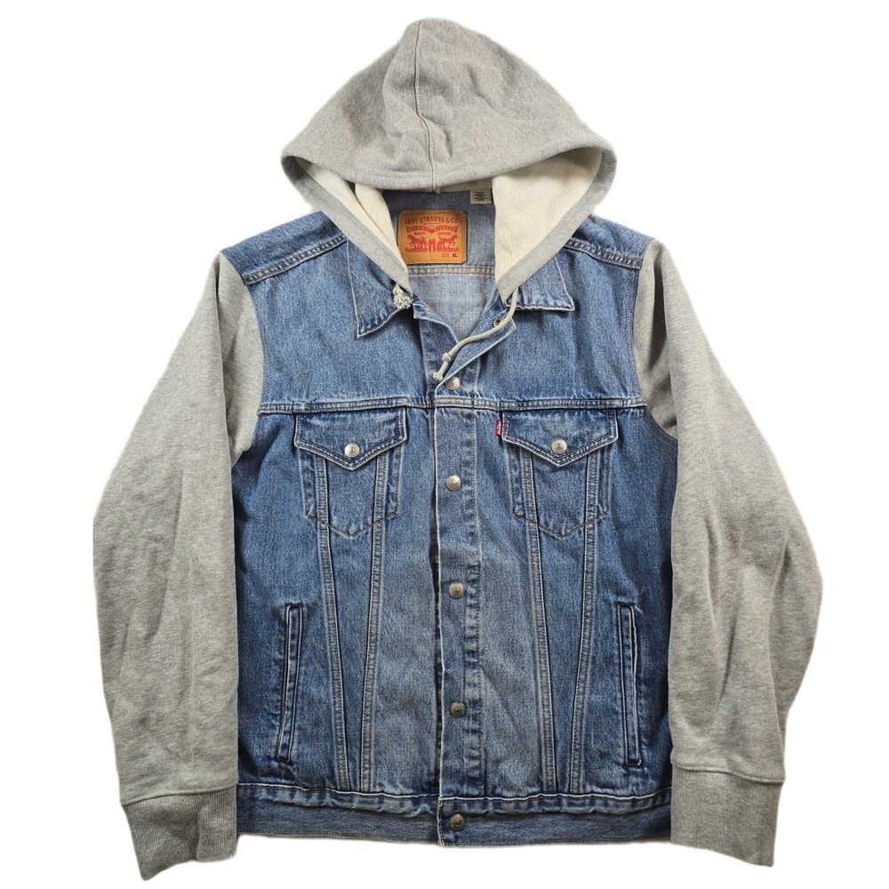 Levi's Hybrid Hoodie Denim Trucker Jacket Mens XL Blue Gray Sweatshirt Sleeve